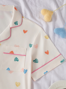 Camicia Casual <span class=keywords><strong>da</strong></span> donna estiva comoda <span class=keywords><strong>con</strong></span> <span class=keywords><strong>bottoni</strong></span> elasticizzati pantaloncini <span class=keywords><strong>da</strong></span> salotto <span class=keywords><strong>con</strong></span> stampa a cuore pigiama ODM lavorato a maglia - Product Image 5