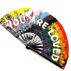 Custom Printed Rainbow Large Bamboo Rave Clack Hand Fan Pride Folding Fans for Music Festivals DJ