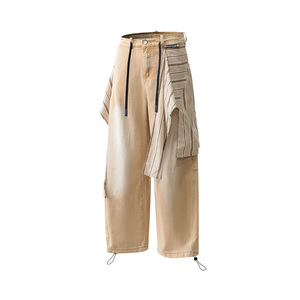 Pantalons en <span class=keywords><strong>jean</strong></span> streetwear à jambes larges à volants <span class=keywords><strong>beige</strong></span> personnalisés, jeans décontractés de haute qualité pour toutes les saisons, jeans amples pour hommes - Product Image 2