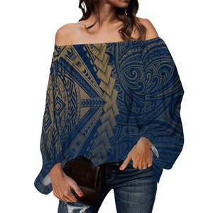 Mais recente Design Tamanho Grande Senhoras Fora Do Ombro Chiffon Blusas Camisa Tatuagem Polinésia Impresso Mulheres Tops Lanterna Manga Blusa - Product Image 1