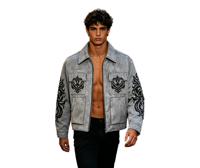 Veste en jean vintage pour homme, coupe ample, imprimé tribal tatoué, personnalisée avec impression DTG Kornit, fermeture éclair, style streetwear