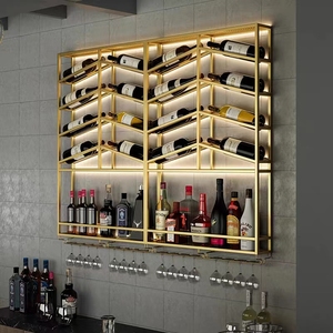 Espositore da Parete per Bottiglie di Vino in Legno Massello e Acciaio Inossidabile Dorato, Arredamento per Casa, Ristoranti e Bar - Product Image 3