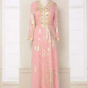 Abaya Women Muslim Dress Cheap Shipping Fee Middle East 2023 Spring New Muslim Bronzing Fashion Robe With Belt Pink Dress