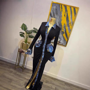 Spot 2025 Autumn Snow-Like Denim Printed Pleated Sweet Style Women's Long Sleeve Lapel Tight-Fit High Waist Anti-Static <strong>Dress</strong> - Product Image 3