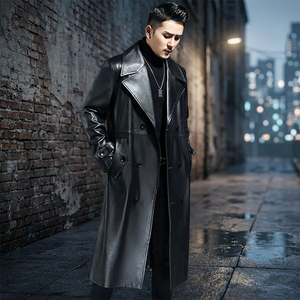 Mauroicardi Spring Autumn Long Cool Waterproof <b>Black</b> Pu Leather <b>Trench</b> <b>Coat</b> Men Double Breasted <b>Plus</b> <b>Size</b> 4xl 5xl 2022 - Product Image 2