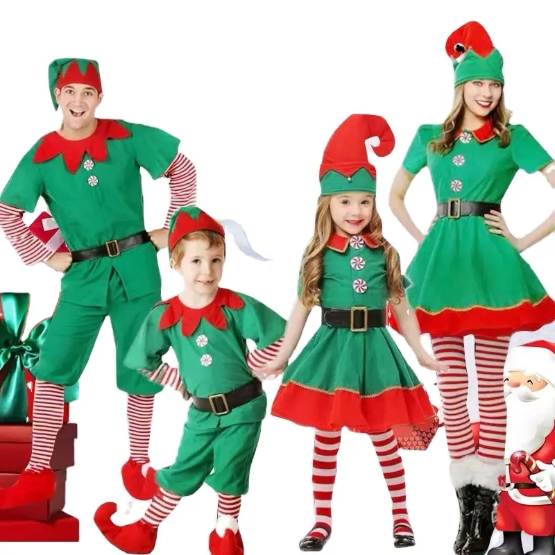 Amazon Hot Sale Green Christmas Elf Dress Suit Adult and Kids Christmas Costume Cosplay XmasSanta Boys Girls Elf Costumes
