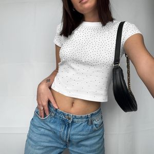 FOXA Rhinestone Crop <b>Top</b> Women Slim Fit Short Sleeve Sparkly Bling Tee Crewneck <b>Y2k</b> Style Party Wear - Product Image 2