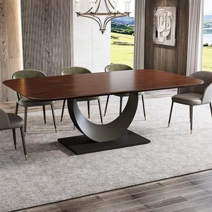 Mesa de comedor de madera antigua ovalada retro francesa nórdica, juego de mesa y sillas de restaurante de nogal de 6 plazas, muebles de cocina
