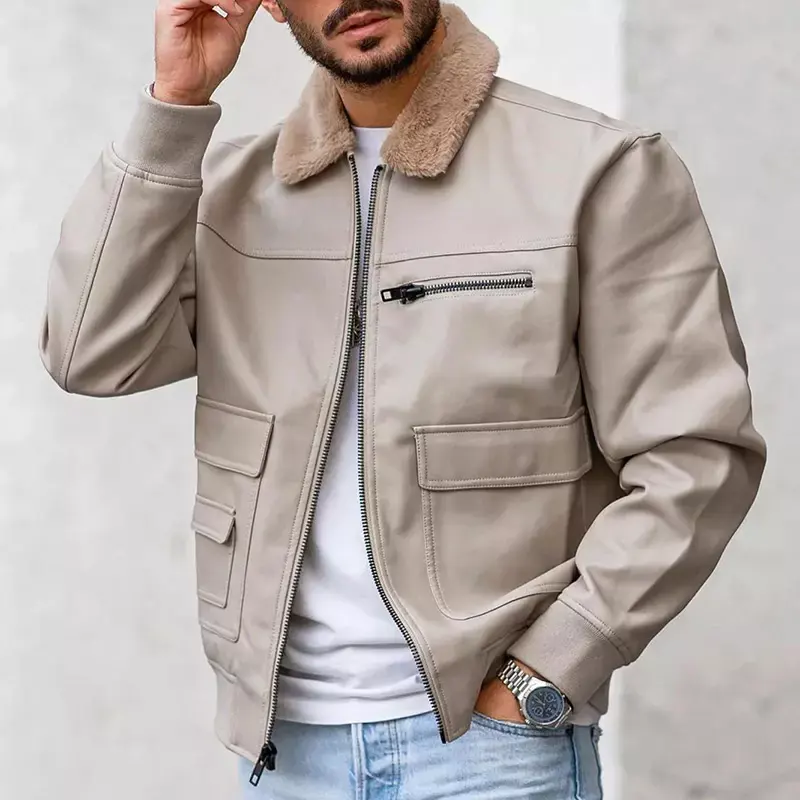 Wholesales Winter Outdoor Fur Collar Windproof Waterproof Men Jacket Custom Fashion Zipper Mens Leather Bomber Jacket