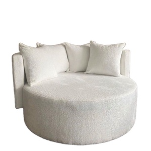 Poltrona Rotonda Bianca in Tessuto Bouclé, Divano Singolo Morbido Stile Teddy per Salotto - Product Image 1