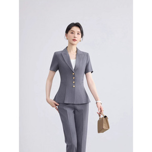 Women's Suit Set Gray Short Sleeve Blazer Pants Office Lady Anti-Wrinkle Daily Commute Interview Formal Wear - Product Image 1