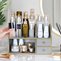 Organisateur de maquillage de bureau avec tiroir à double compartiment Boîte de rangement cosmétique multifonctionnelle en cuir PU