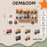Camion transporteur de voitures en bois avec conducteur ours, 6 véhicules d'ingénierie : chariot élévateur, excavatrice, camion benne, bétonnière, grue, rouleau compresseur - Jouets Montessori
