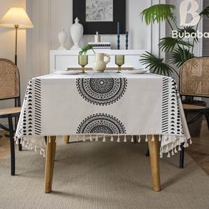 Nappes rectangulaires en coton/lin imprimé géométrique de style américain avec pompons, pour tables basses et usage domestique – Vente en gros Bubaba - Product Image 2