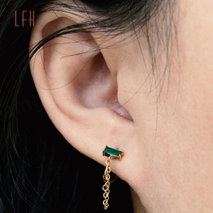 Pendientes de Cadena Cuadrados con Circonita Cúbica Verde, Pendientes Colgantes de Oro Real de 18k, Pendientes de Botón de Circonita de Oro Puro de 18k para Mujer - Product Image 2