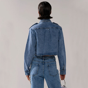 Giacca in Denim lavata classica a maniche lunghe personalizzata Casual a vita alta <span class=keywords><strong>con</strong></span> <span class=keywords><strong>pantaloni</strong></span> in Denim a gamba larga a due pezzi - Product Image 3