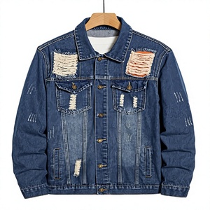 Chaqueta vaquera para hombre, azul, con lavado ácido y a la piedra, desgastada, con patchwork y rasgaduras, estilo casual urbano, cierre de botones, corte regular - Product Image 1