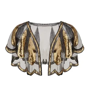 Châle pour <span class=keywords><strong>femme</strong></span> style années 20, Art Déco, à sequins et perles, Cape de soirée, Boléro, à devant ouvert, ourlet festonné, style Flapper - Product Image 3