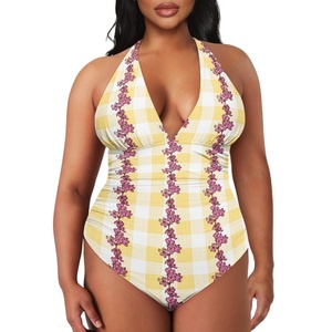 Maillot de bain une pièce à col halter pour femme <span class=keywords><strong>POD</strong></span> Hawaii, imprimé floral jaune à carreaux, col en <span class=keywords><strong>V</strong></span>, froncé, pour les vacances à la plage - Product Image 6