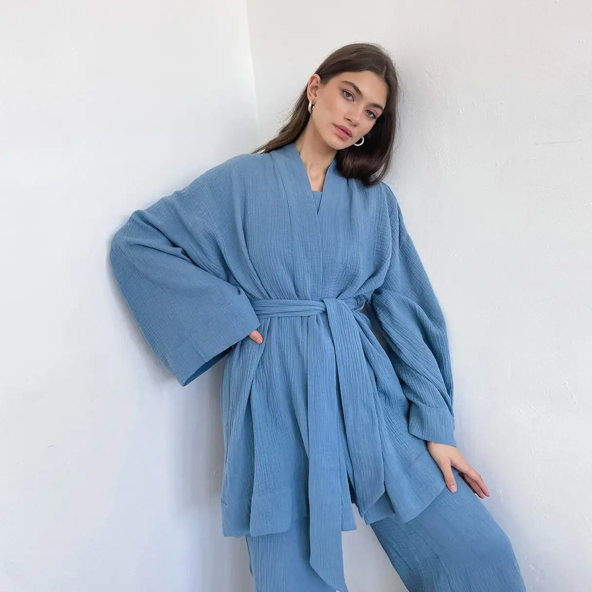 Enyami S-XL Cozy Casual Loose Robe Wrap Tops Pants Sleepwear 100% Muslin Double Gauze Cotton Women Pajamas Co Ords Sets