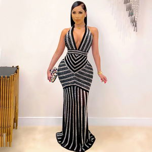 BH314 Mujeres Lentejuelas Sexy Backless Deep V Even Party Vestido de noche largo - Product Image 2