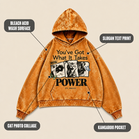 Sweat à capuche homme personnalisé 420GSM, couleur ambre, délavé à l'acide, avec impression de collage photo de chat et slogan, coupe oversize à épaules tombantes, pour le streetwear