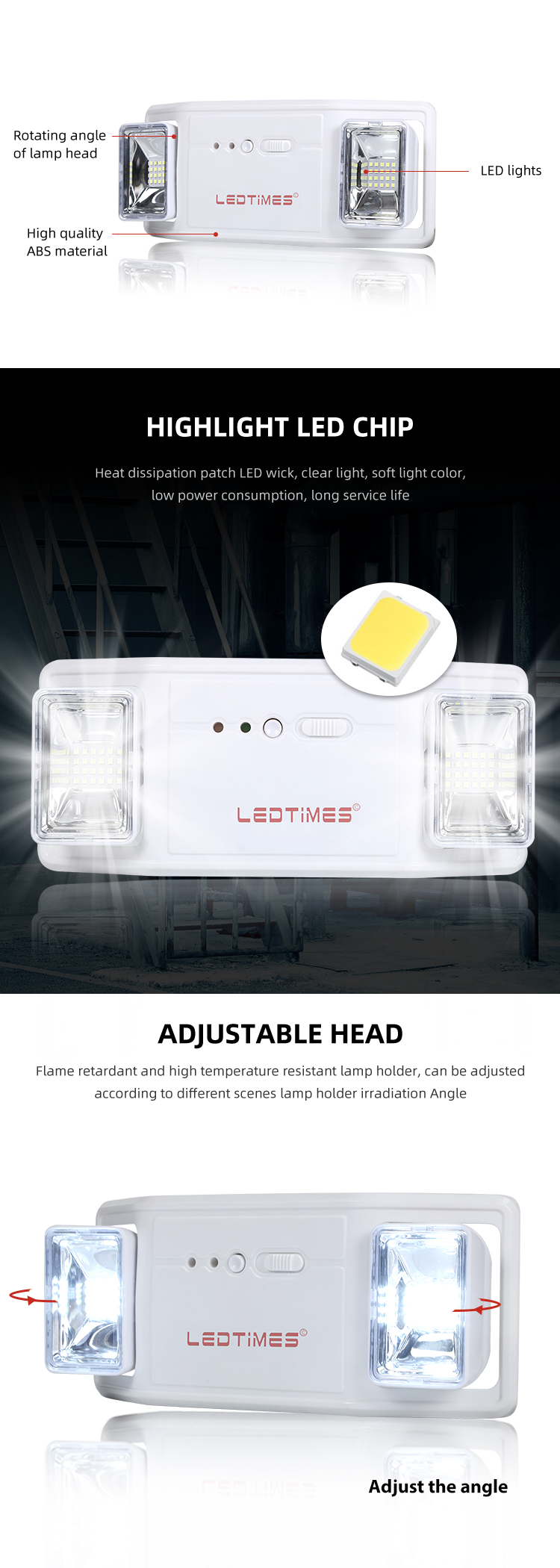 ABS 600LM Adjustable Dual Heads Indoor SMD 4W Portable Rechargeable Led Emergency Lamp