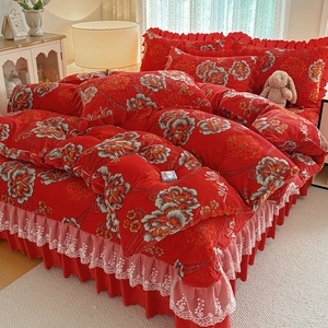 <strong>Double</strong>-layer Lace Trimmed, Soft Jersey Printed Bed Set with Four Pieces Bed <strong>Sheets</strong>, Pillowcases, Duvet Cover Sets - Product Image 5