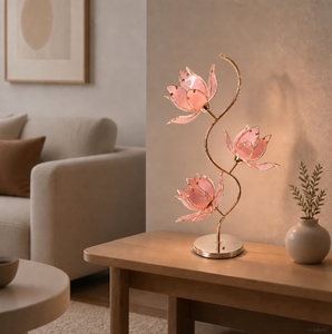 Lampe de table Lotus à 3 têtes, support en fer doré en forme de S, abat-jour en verre rose en forme de pétales, lampe de bureau décorative à douille E26 pour chambre à coucher et salon - Product Image 6