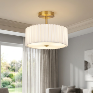 Modern Semi-Flush Mount Ceiling Light White Pleated Fabric Shade 12.5 Inch Drum Shape Surface Mounted <b>Battery</b> Living Room - Product Image 3
