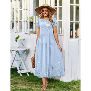 Summer Floral Maxi <b>Dress</b> Women O-Neck Short Sleeve Bohemian A-Line <b>Elastic</b> Waist Breathable Casual Beach Sundress - Product Image 3