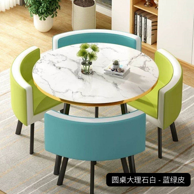Cuir bleu vert clair 1 table 4 chaises support noir