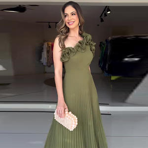 Abito lungo da donna 2026 con motivo a tinta unita, colletto a fiore, senza maniche, traspirante, casual, con design plissettato per ragazze, stagione estiva - Product Image 3