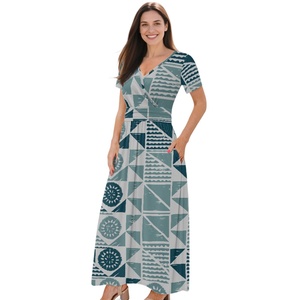 Abito Casual da Donna con Stampe Tribali Polinesiane Samoane Personalizzate, Stampa su Richiesta, Scollo a V, Maniche Corte, Vestito Lungo - Product Image 3