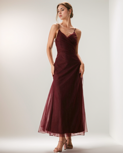 Personalizado Vintage <span class=keywords><strong>rojo</strong></span> sólido Color malla espagueti correas cuello en V espalda descubierta cintura largo mujeres Sexy elegante fiesta vestidos de noche - Product Image 4