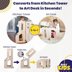 Toddler <b>Tower</b> Kitchen Stool Art Desk 2-in-1 Convertible Table and Wooden Step Platform for Crafting Drawing - Product Image 4