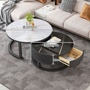 Minimalist Nesting Coffee <b>Tables</b> Marble Stone Look Top Black Frame Hotel Lobby Round Center <b>Table</b> <b>Side</b> <b>Table</b> with Drawer <b>Storage</b> - Product Image 3