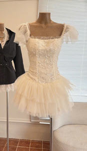 Nuevo Vestido de Fiesta, Ajustado, Corto, 100% Poliéster, con Mangas con Volantes, Bordado de Organza, para Vestido de Encaje con Flores, Capa de Malla - Product Image 4