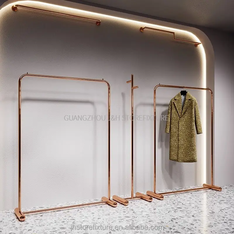 Loja design varejo roupas display rack rosa ouro roupas stand boutique mobiliário simples para a mulher loja exibir