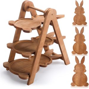 Bandeja de servir de tres niveles con forma de conejo, de madera, de varias capas, para exhibir comida en fiestas y picnics. - Product Image 1