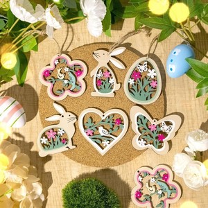 Ensemble de décorations suspendues de Pâques, ornements en bois en forme de lapin, pendentifs suspendus pour les fêtes de printemps, pour la décoration de la maison, de l'arbre et de la porte - Product Image 4
