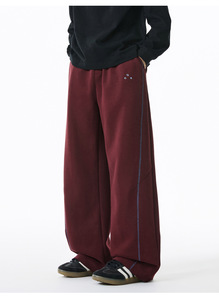 Pantalon de survêtement large bordeaux pour homme, taille élastique, rayures latérales, décontracté, en coton, pour l'automne - Product Image 4