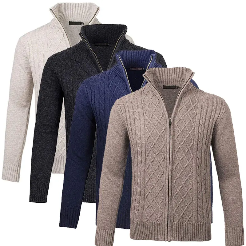 Cardigan tricoté pour hommes, à manches longues, col montant, en laine, avec fermeture éclair, pull pour automne,