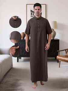 Qamis en coton pour homme, col chemise, manches courtes, longueur ras du sol, couleur unie, respirant, tenue de prière modeste, style Moyen-Orient - Product Image 6