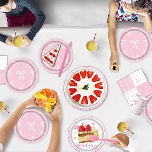 Juego de Vajilla Desechable con Tema de Lazo Rosa, Artículos y Decoración para Fiestas de Cumpleaños de Niñas - Product Image 2