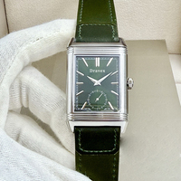 Jam Tangan Mekanik Pria Mewah Vintage Bentuk Persegi Panjang dengan Dial Detik Kecil, Tali Kulit Hijau Tua untuk Acara Formal