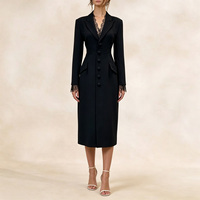 Robe longue fendue élégante noire vintage britannique haut de gamme pour femme, col en V, revers, simple boutonnage, dentelle, vente en gros transfrontalière ODM 2026