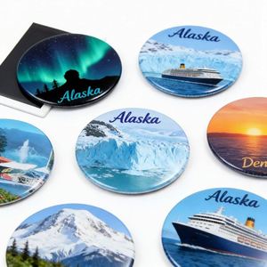 Hot Selling Round Button Travel Souvenir 50 58 65 70 75Mm Northern Lights & Moose Alaska <b>Fridge</b> Tourist Magnet - Product Image 1