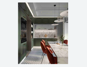 Muebles de Cocina Europeos al por Mayor a Buen Precio, Puerta de Vidrio Empotrada, Gabinete de Cocina de Madera MDF, Encimera de Piedra Ecológica con Isla - Product Image 2