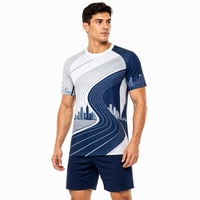 T-shirt de sport OEM ODM à séchage rapide, motif Skyline Urbain, bleu marine colorblock, col rond, uniforme d'équipe, vente en gros